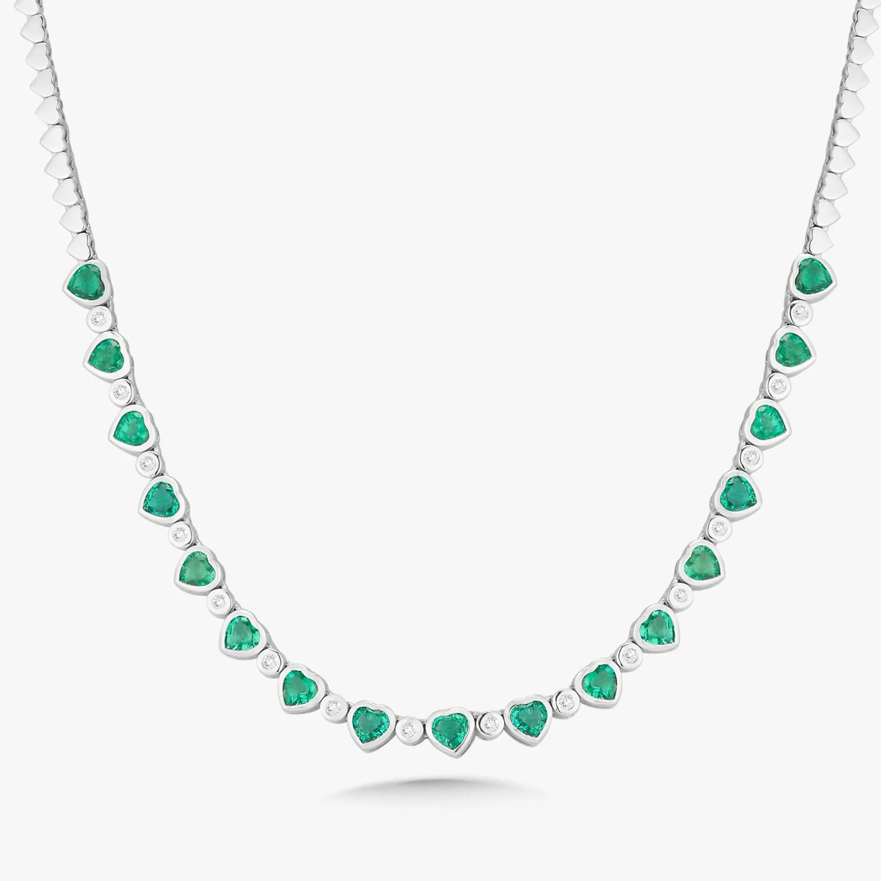 Augusta Alternating Green Emerald Heart & Diamond Bezel Tennis Necklace 6.94 ctw
