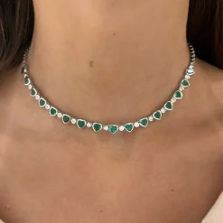 Augusta Alternating Green Emerald Heart & Diamond Bezel Tennis Necklace 6.94 ctw