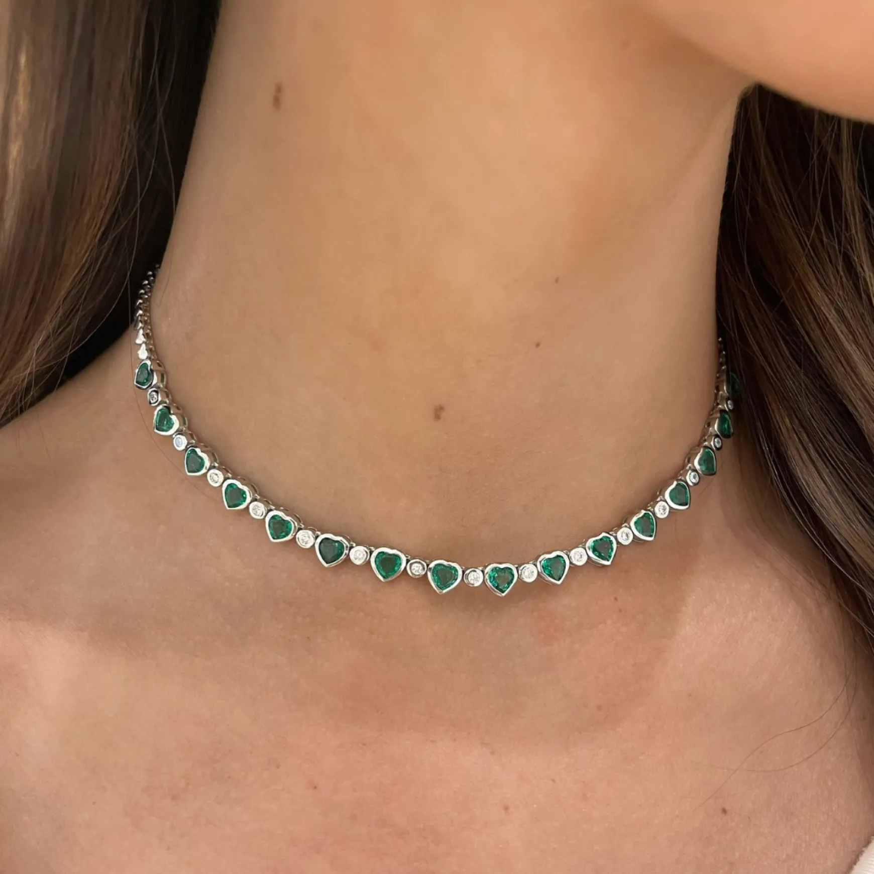 Augusta Alternating Green Emerald Heart & Diamond Bezel Tennis Necklace 6.94 ctw