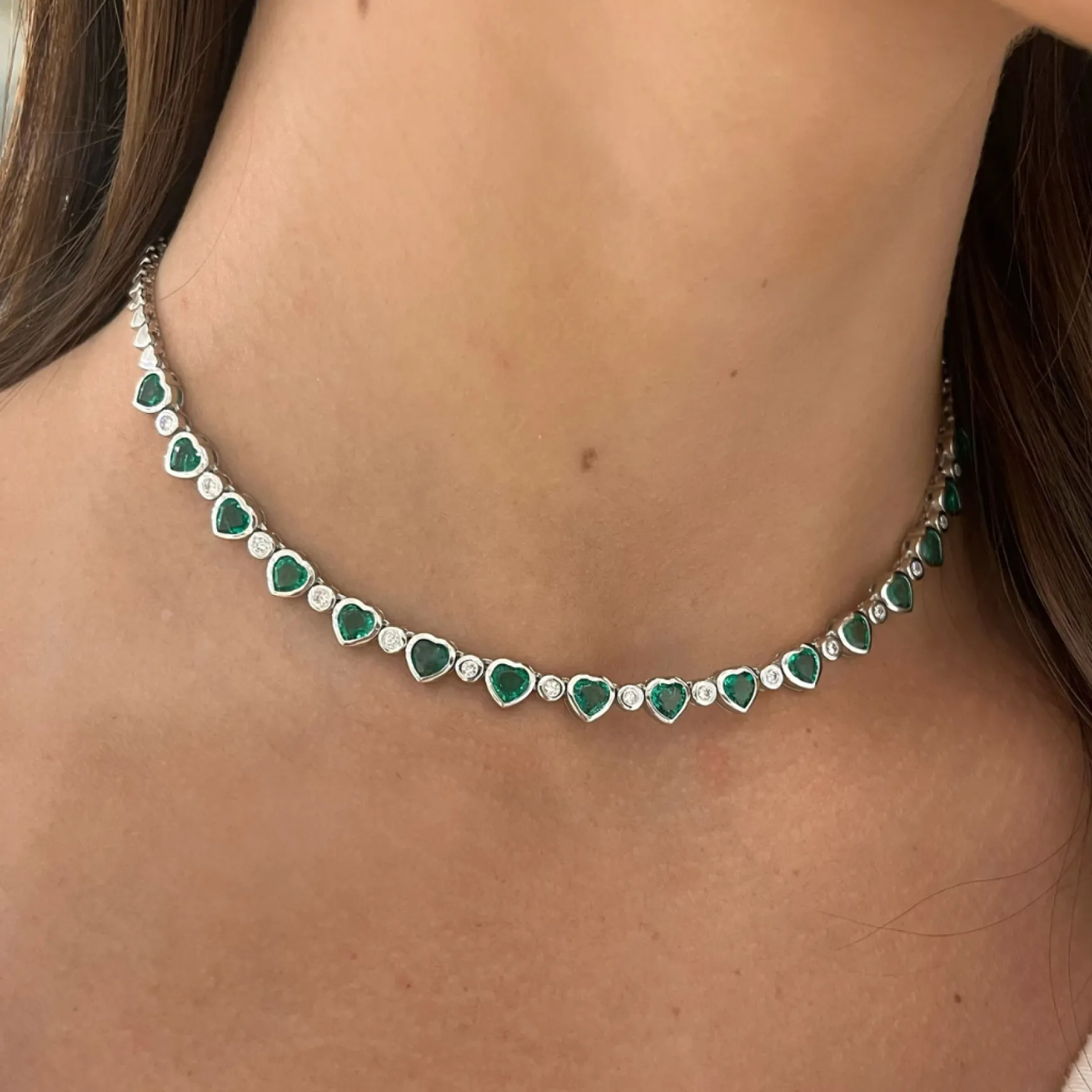 Augusta Alternating Green Emerald Heart & Diamond Bezel Tennis Necklace 6.94 ctw