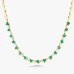 Augusta Alternating Green Emerald Heart & Diamond Bezel Tennis Necklace 6.94 ctw