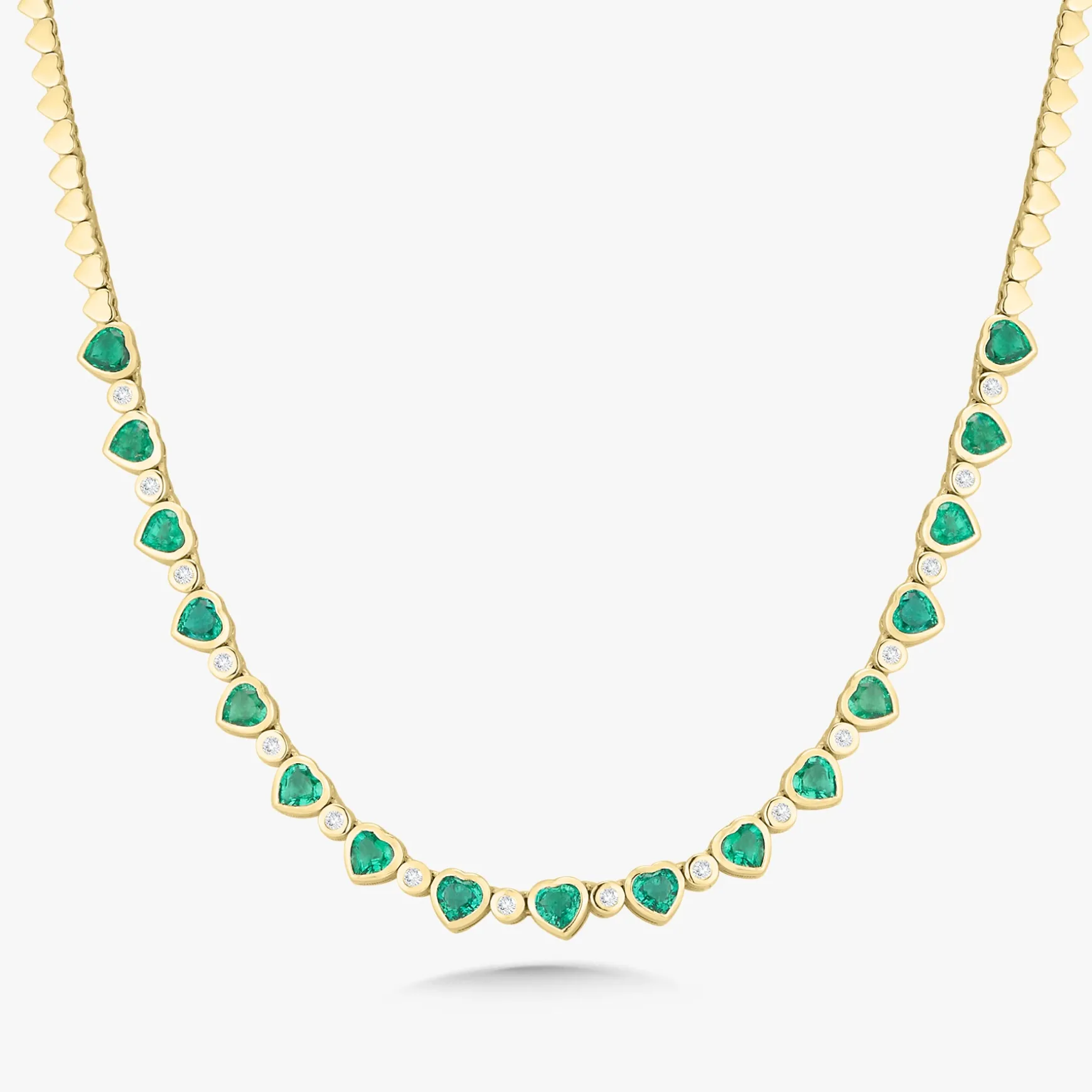 Augusta Alternating Green Emerald Heart & Diamond Bezel Tennis Necklace 6.94 ctw