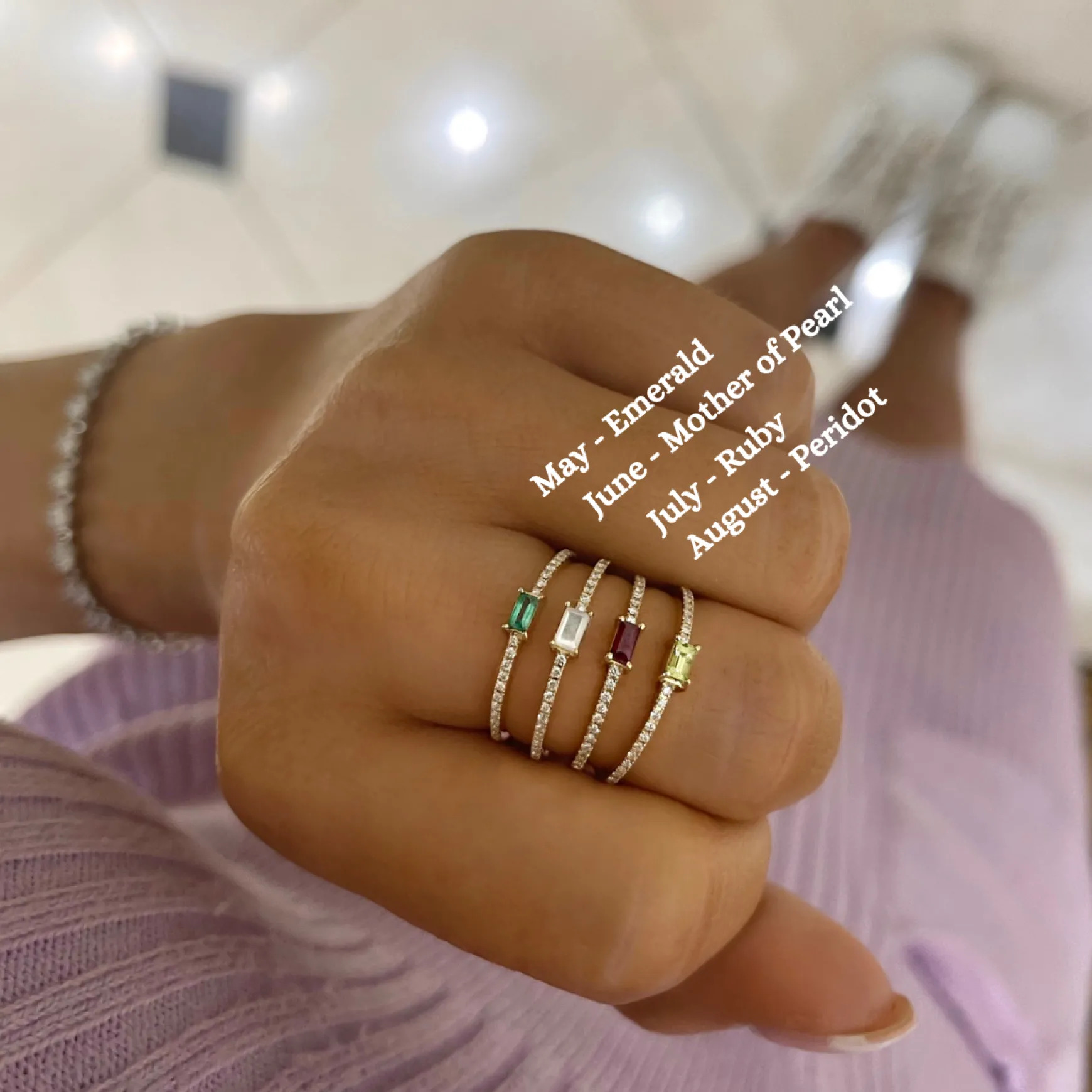 Baguette Birthstone and Diamond Stacking Band Ring