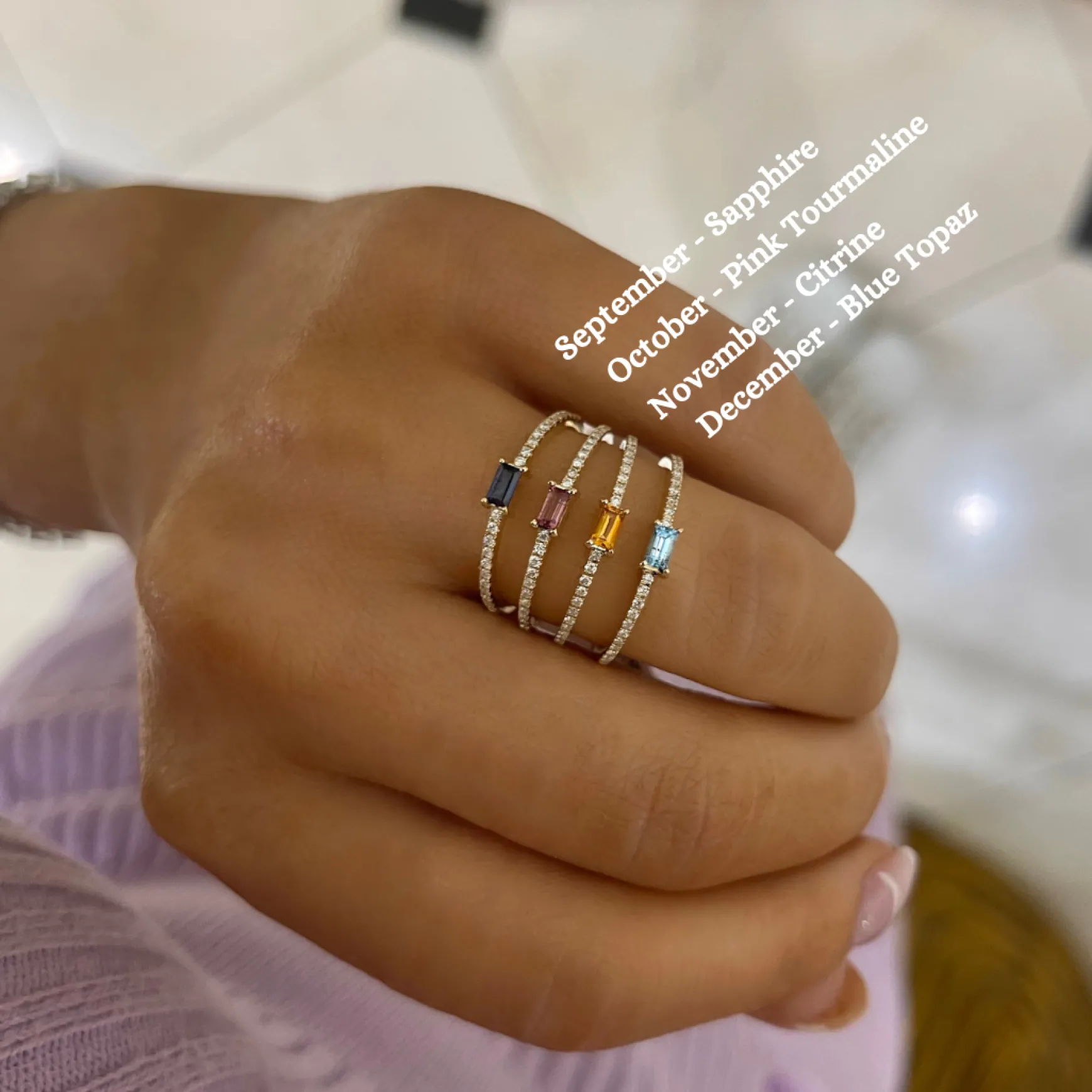 Baguette Birthstone and Diamond Stacking Band Ring