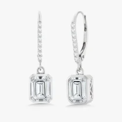 Bezeled Emerald Cut Diamond Dangle Earrings 3.12 ctw