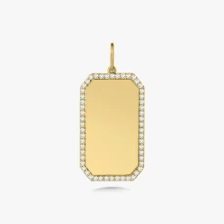 Clipped Corners Gold Dog Tag with Diamond Outline Charm