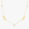 Custom Gold Bubble Name Necklace with Bezeled Heart Diamonds