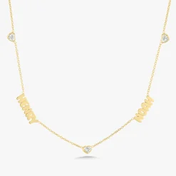 Custom Gold Bubble Name Necklace with Bezeled Heart Diamonds