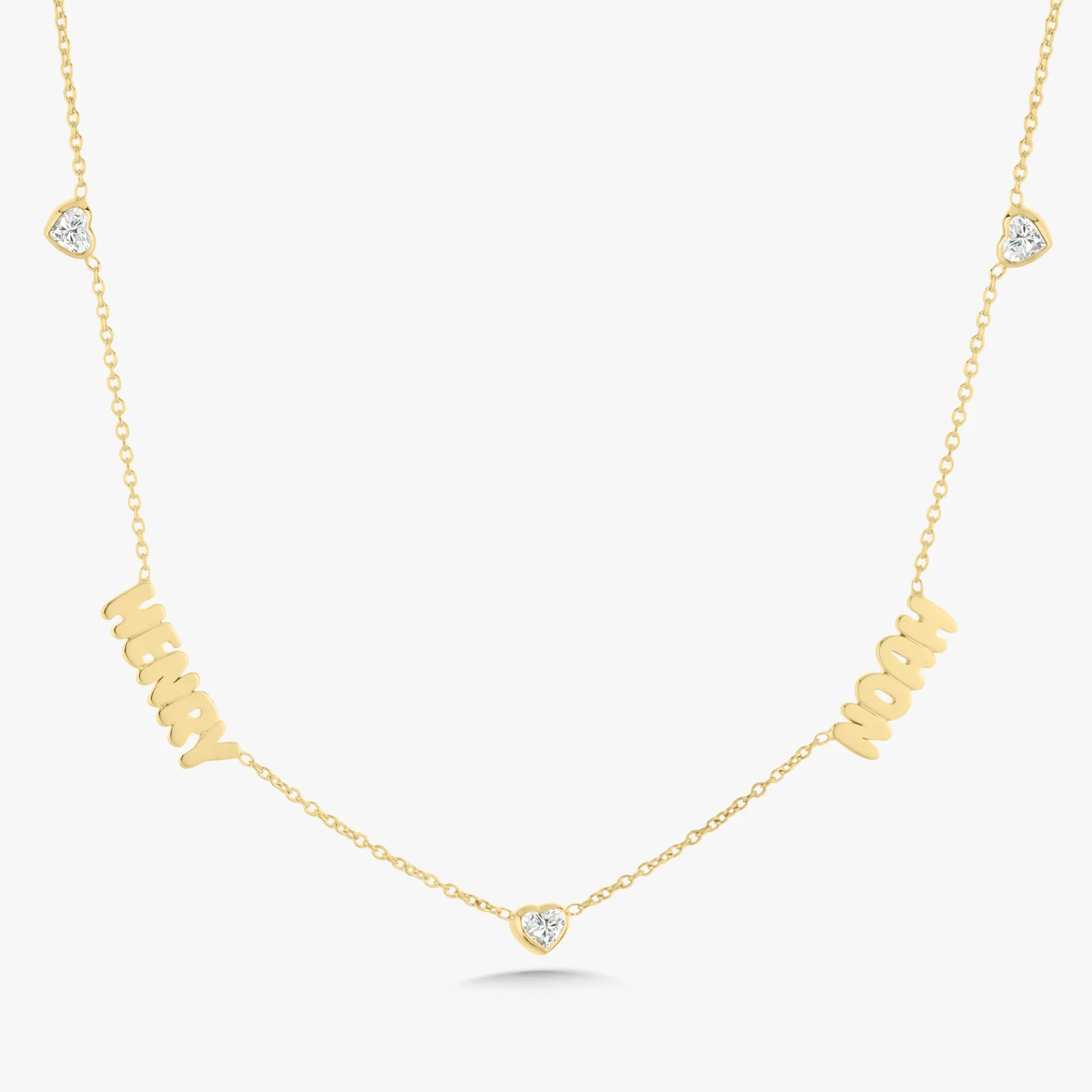 Custom Gold Bubble Name Necklace with Bezeled Heart Diamonds