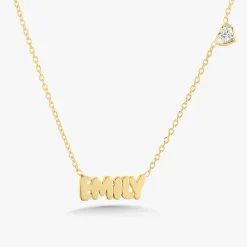 Custom Gold Bubble Name Necklace with Bezeled Heart Diamonds