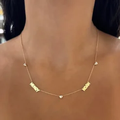 Custom Gold Bubble Name Necklace with Bezeled Heart Diamonds