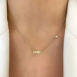 Custom Gold Bubble Name Necklace with Bezeled Heart Diamonds