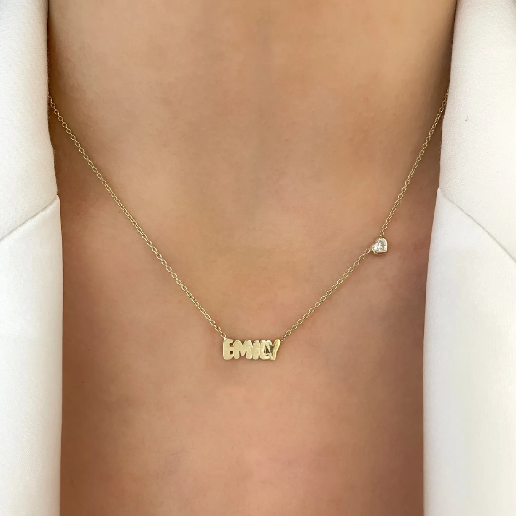 Custom Gold Bubble Name Necklace with Bezeled Heart Diamonds