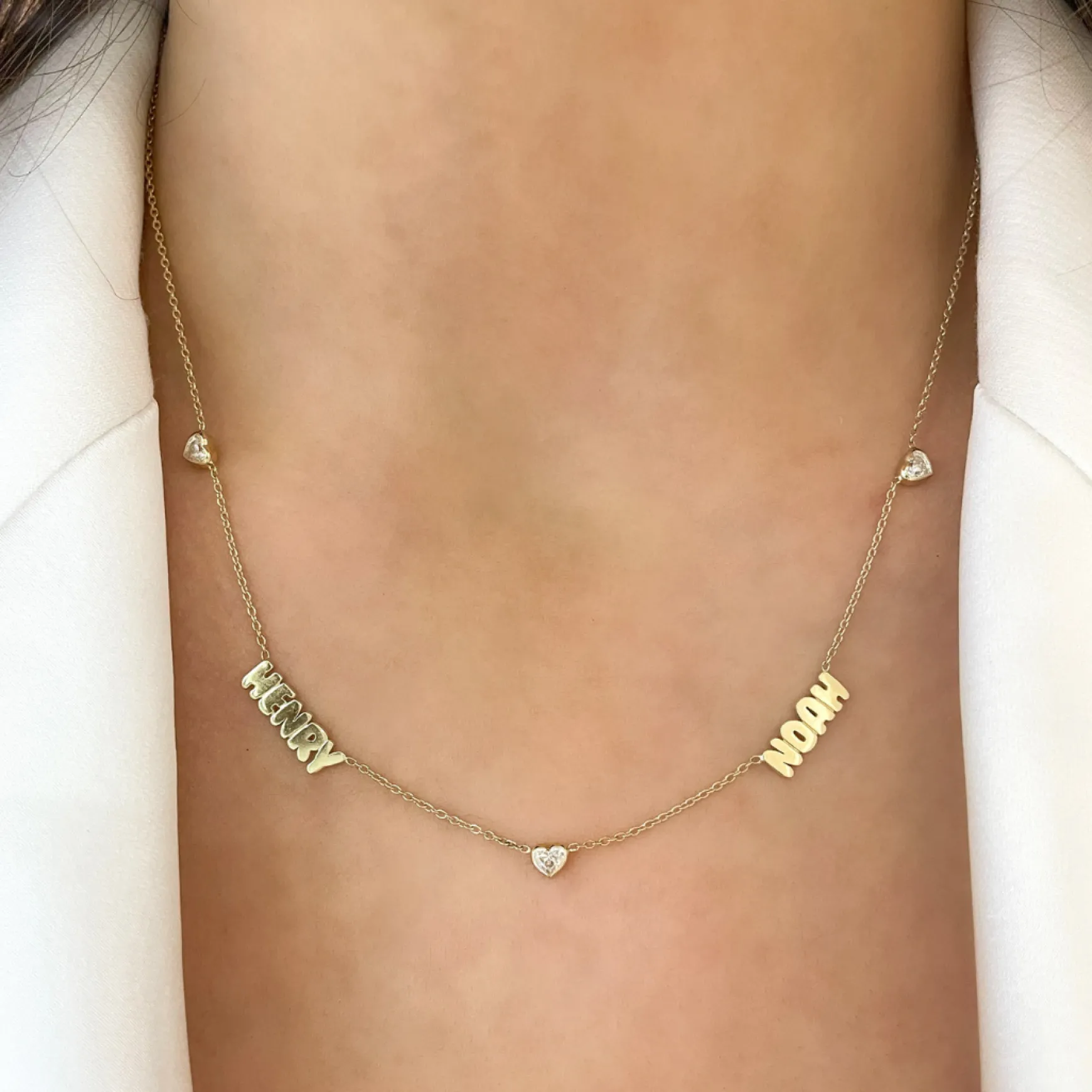 Custom Gold Bubble Name Necklace with Bezeled Heart Diamonds