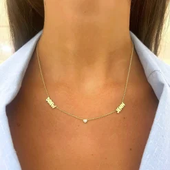 Custom Gold Bubble Name Necklace with Bezeled Heart Diamonds