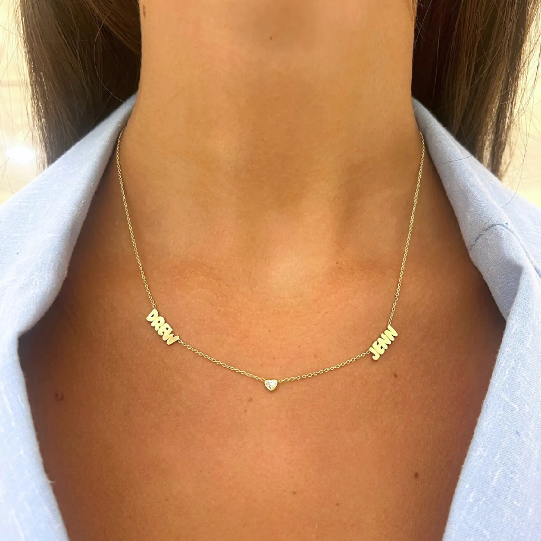 Custom Gold Bubble Name Necklace with Bezeled Heart Diamonds