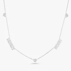 Custom Gold Bubble Name Necklace with Bezeled Heart Diamonds