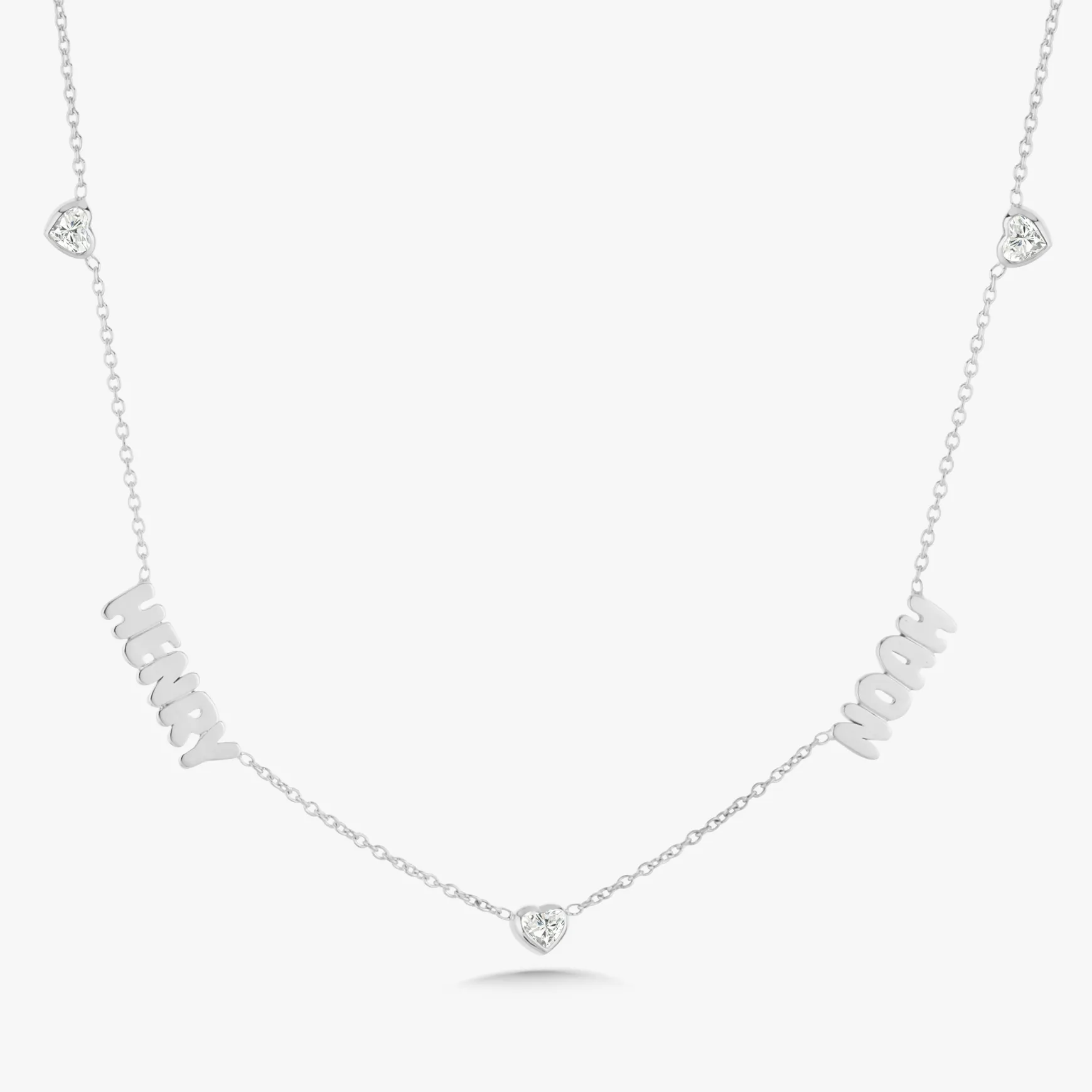 Custom Gold Bubble Name Necklace with Bezeled Heart Diamonds