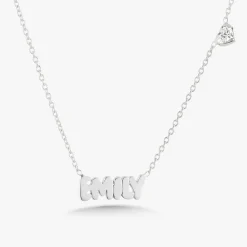 Custom Gold Bubble Name Necklace with Bezeled Heart Diamonds
