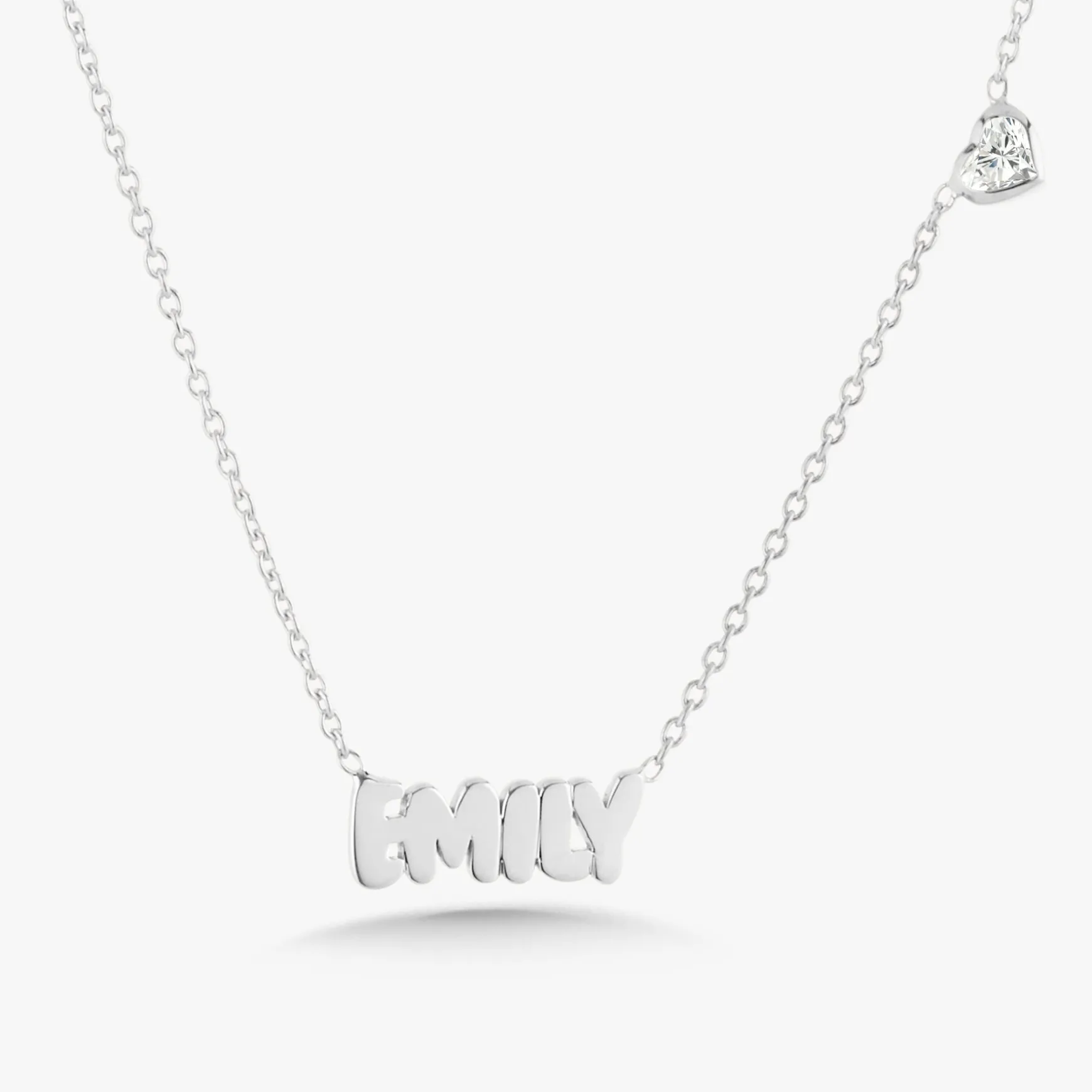 Custom Gold Bubble Name Necklace with Bezeled Heart Diamonds