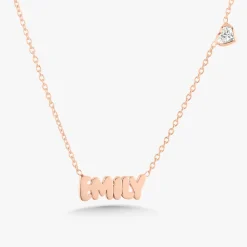 Custom Gold Bubble Name Necklace with Bezeled Heart Diamonds