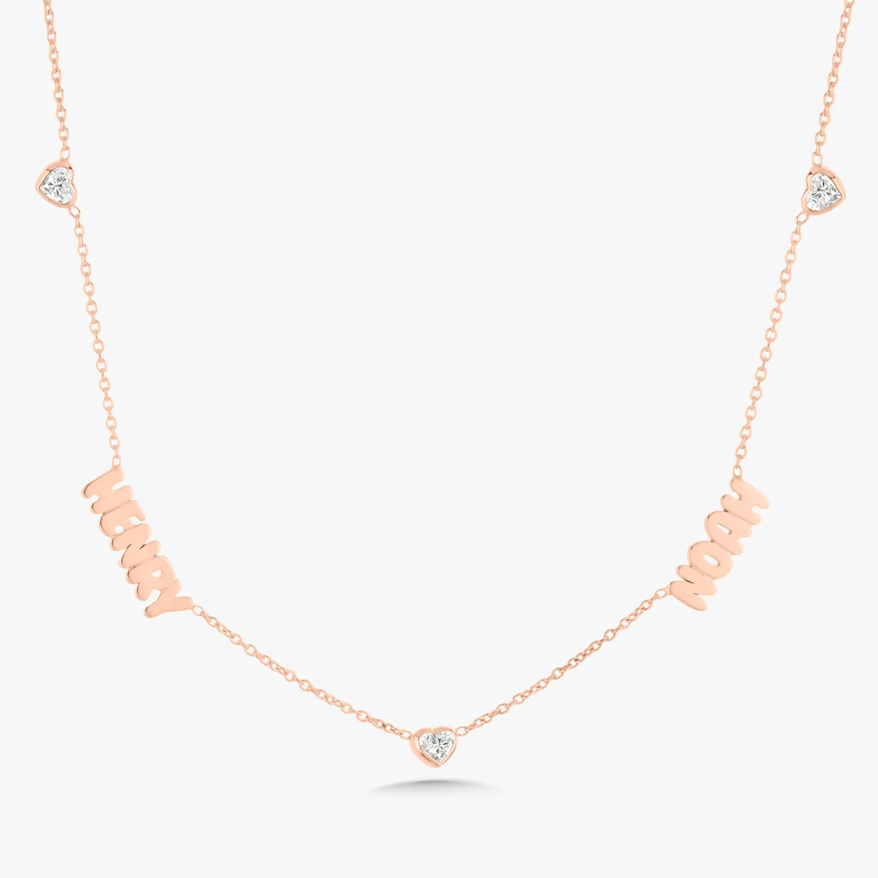 Custom Gold Bubble Name Necklace with Bezeled Heart Diamonds