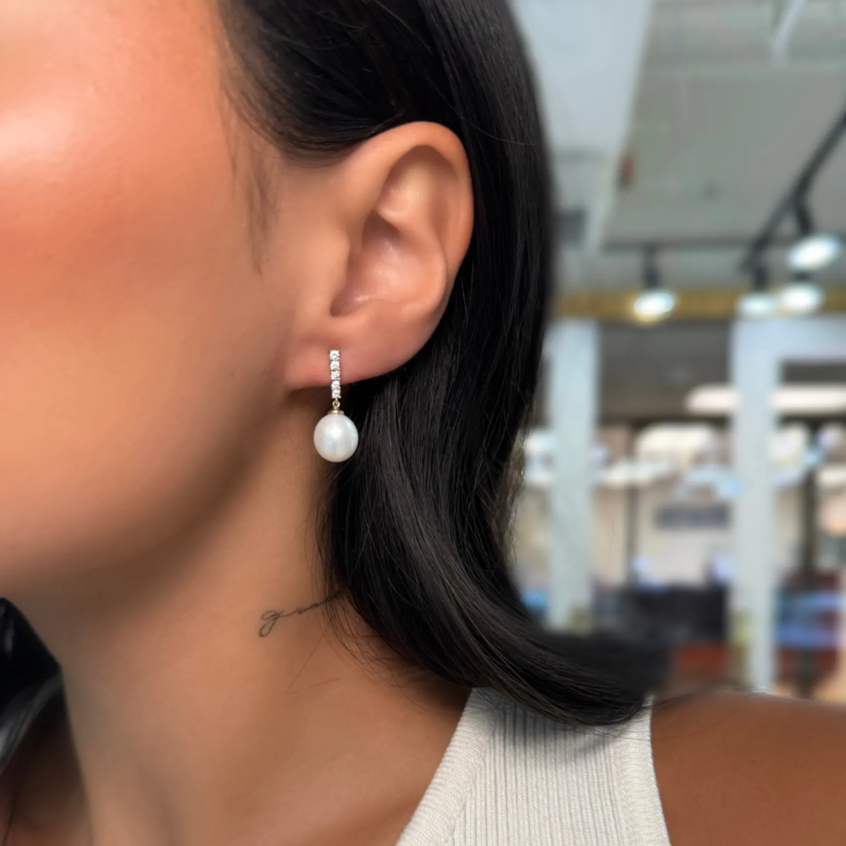 Dominique Diamond Bar with Pearl Dangle Stud Earrings