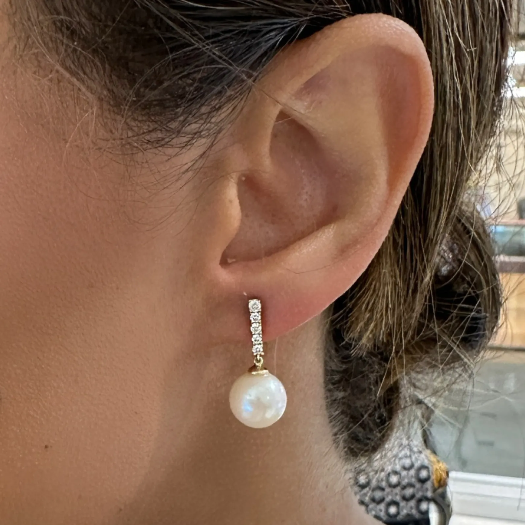Dominique Diamond Bar with Pearl Dangle Stud Earrings