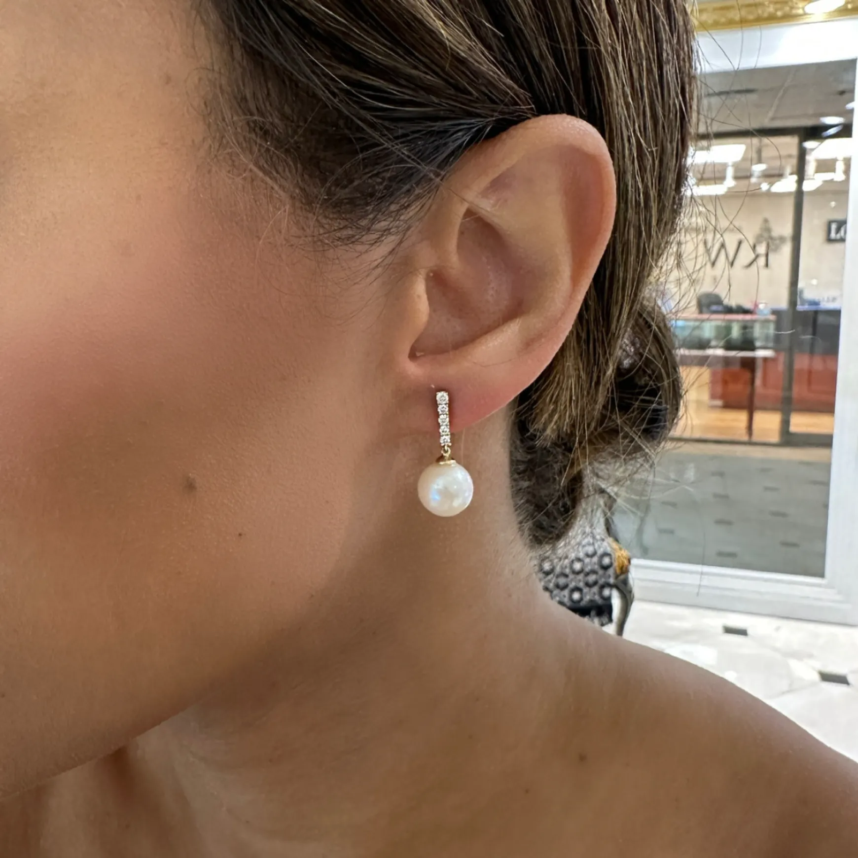Dominique Diamond Bar with Pearl Dangle Stud Earrings