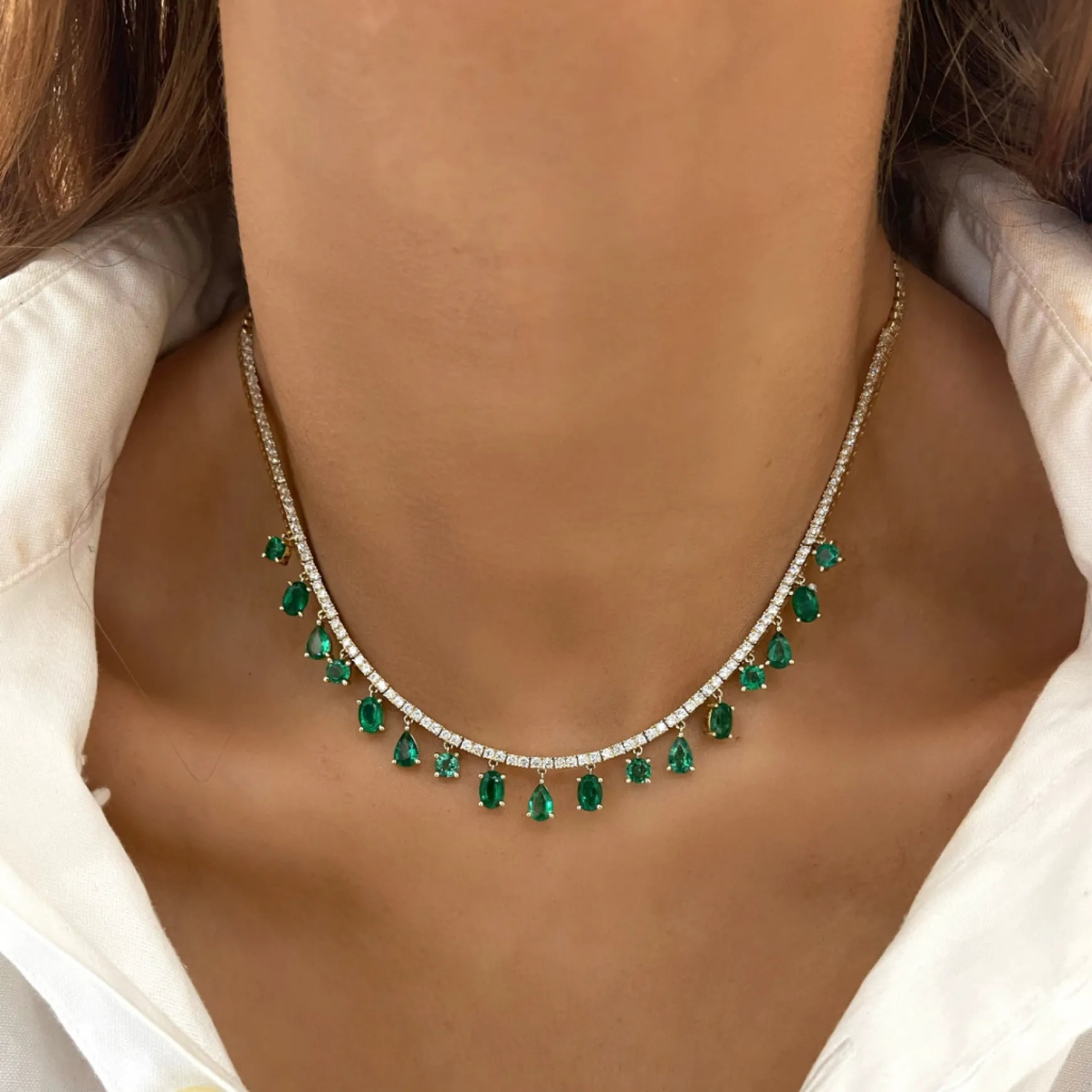 Farrah Emerald & Diamond Dangle Tennis Necklace 7.70 ctw