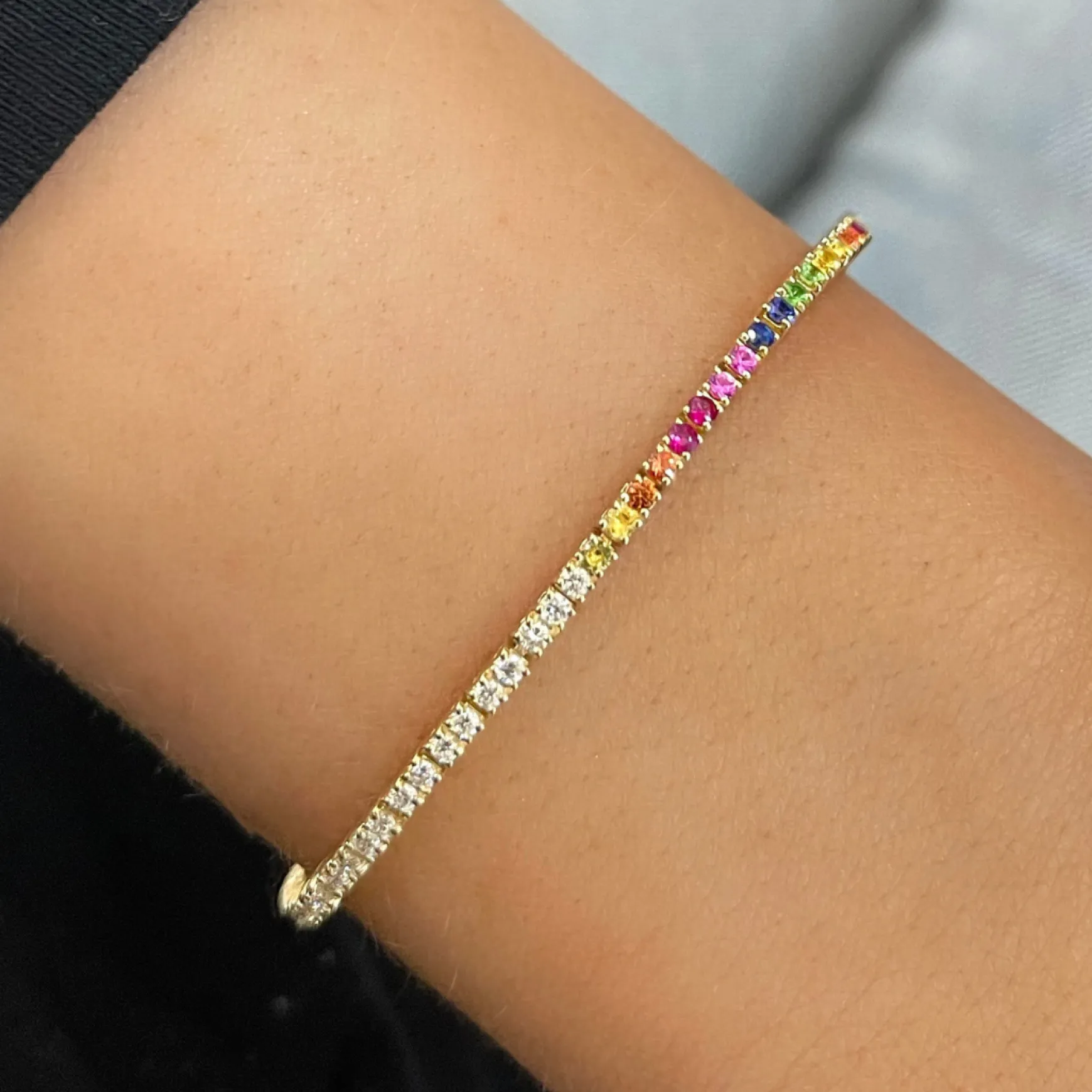 Half & Half Rainbow Gemstone and Diamond Tennis Bracelet 1.73 ctw