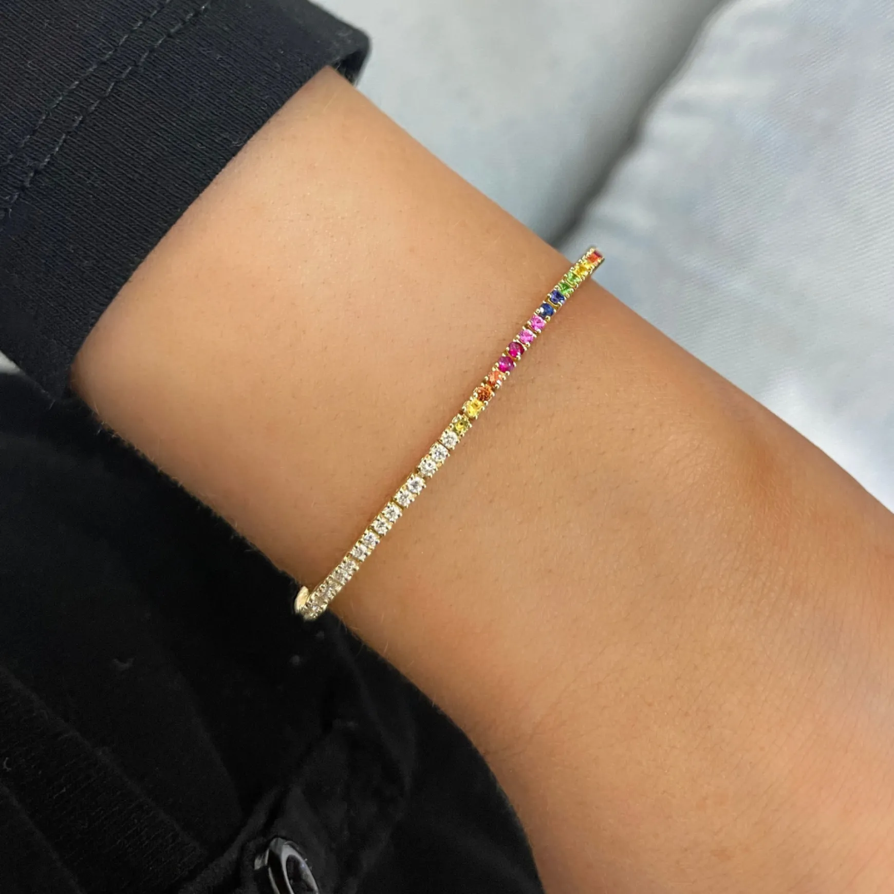 Half & Half Rainbow Gemstone and Diamond Tennis Bracelet 1.73 ctw
