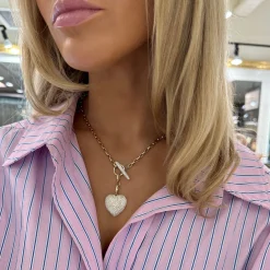 Hilton Diamond Toggle Necklace with Removable Pave Heart Charm and French Cable Chain