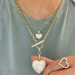 Hilton Diamond Toggle Necklace with Removable Pave Heart Charm and French Cable Chain