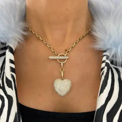Hilton Diamond Toggle Necklace with Removable Pave Heart Charm and French Cable Chain