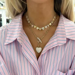 Hilton Diamond Toggle Necklace with Removable Pave Heart Charm and French Cable Chain