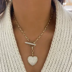 Hilton Diamond Toggle Necklace with Removable Pave Heart Charm and French Cable Chain