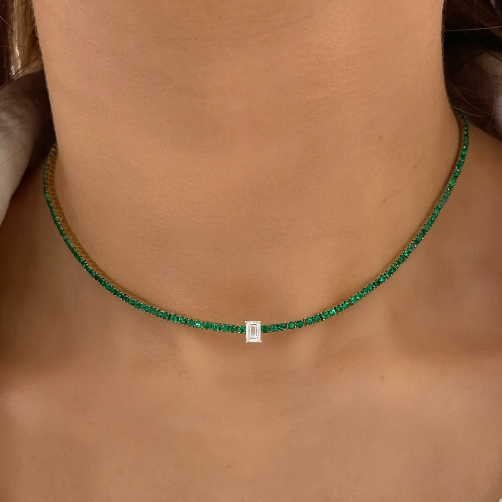 Idalia Green Emerald & Emerald Cut Diamond Station Tennis Necklace 3.22 ctw