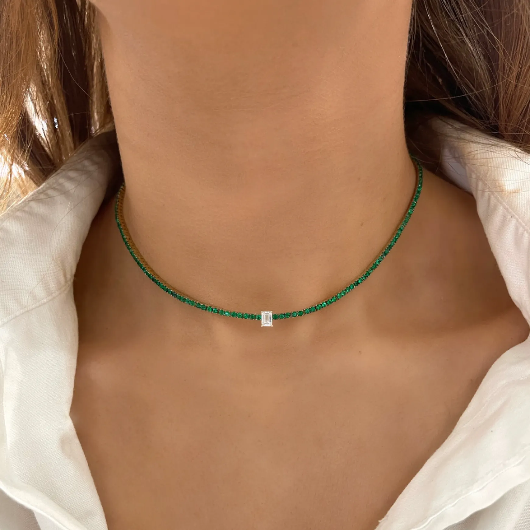 Idalia Green Emerald & Emerald Cut Diamond Station Tennis Necklace 3.22 ctw