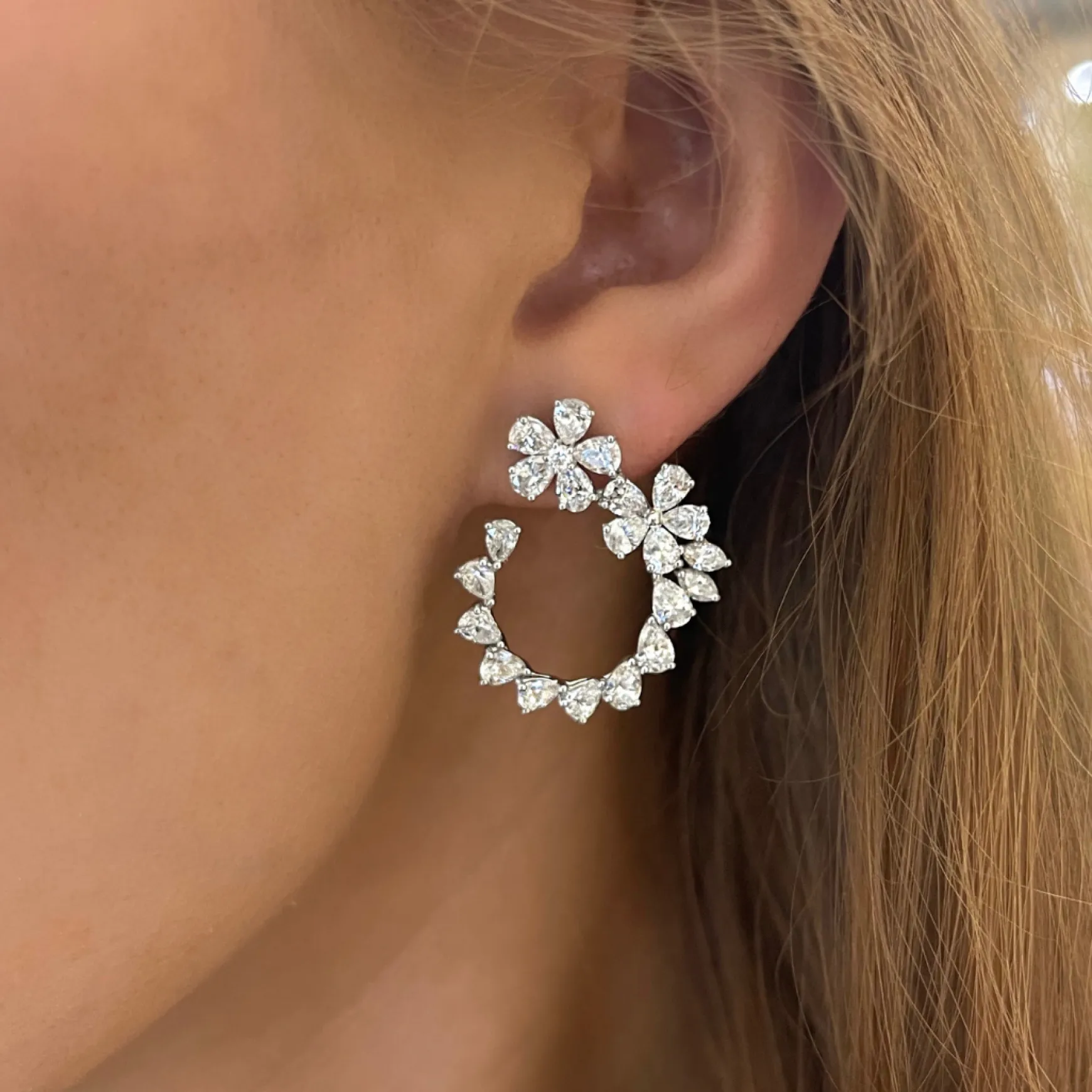 LeFevre Diamond Pear Flower Drop Earrings
