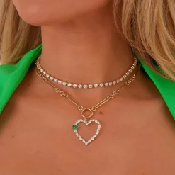 Mixed Shape Heart Charm with Green Emerald Accent