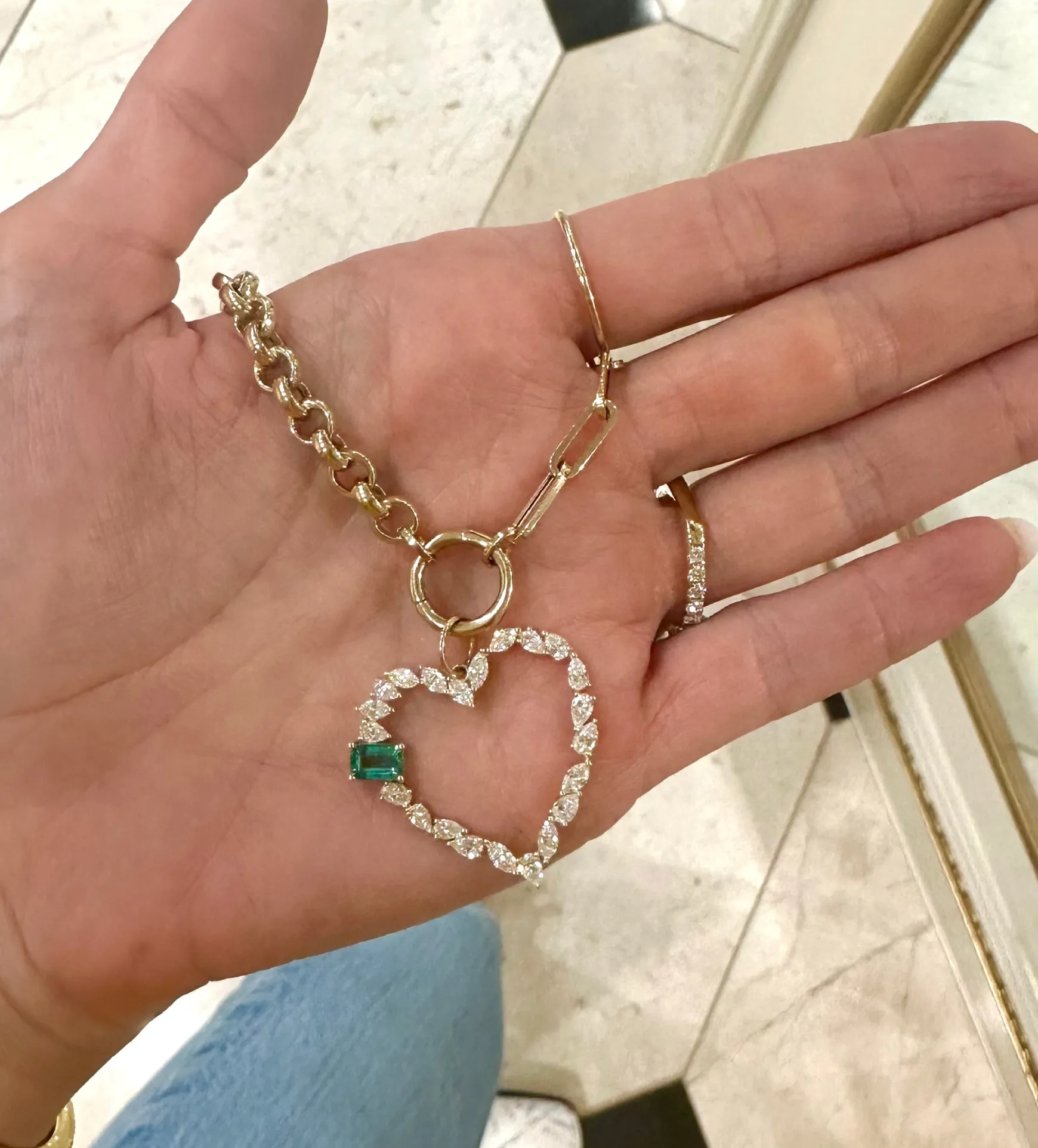 Mixed Shape Heart Charm with Green Emerald Accent