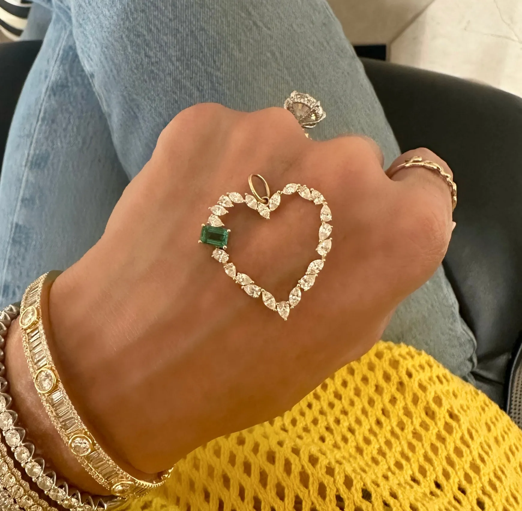 Mixed Shape Heart Charm with Green Emerald Accent