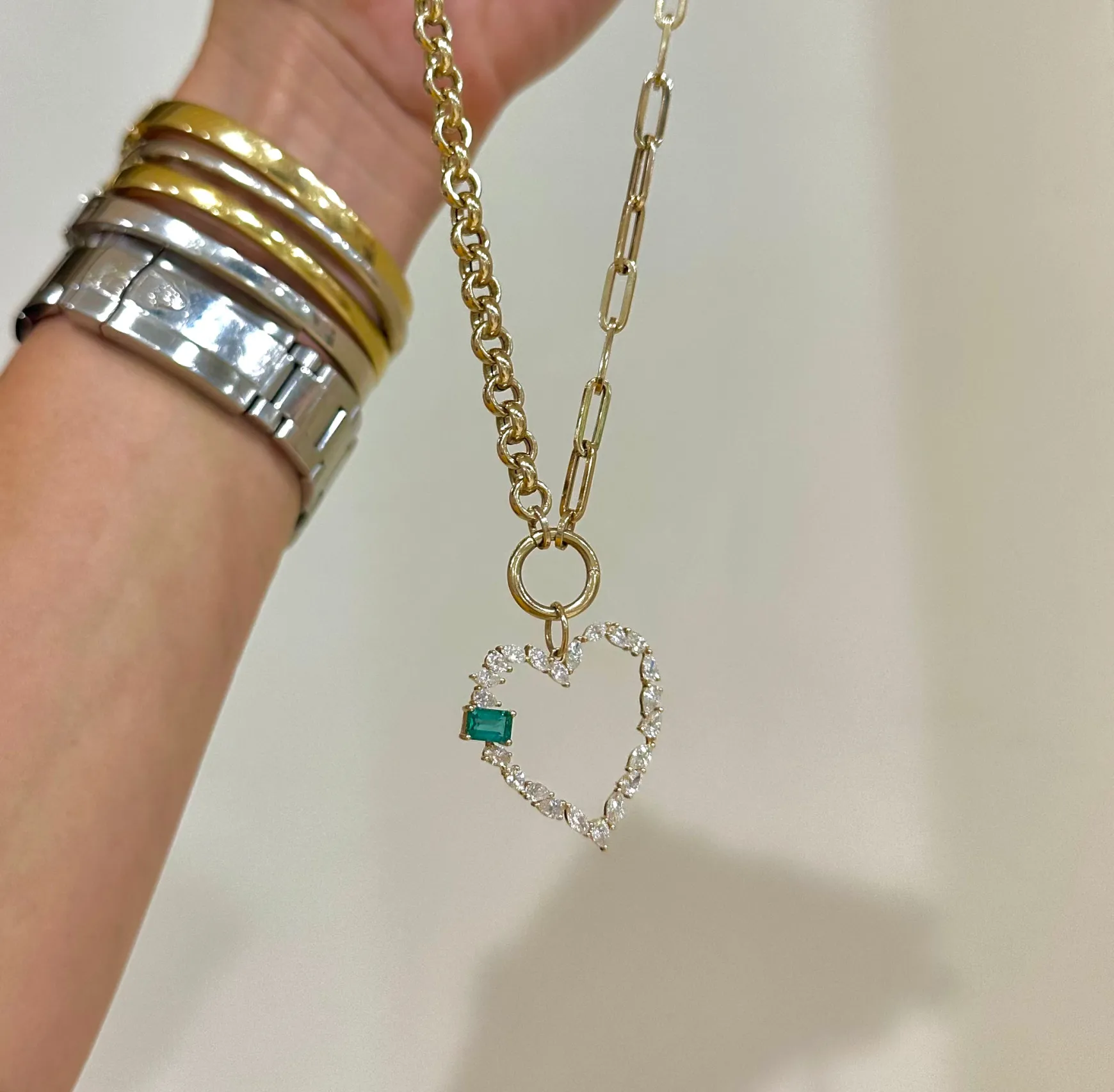 Mixed Shape Heart Charm with Green Emerald Accent