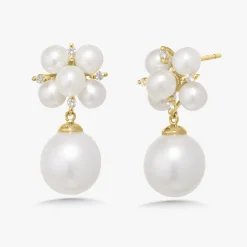 Pearl Cluster and Diamond Dangle Stud Earrings