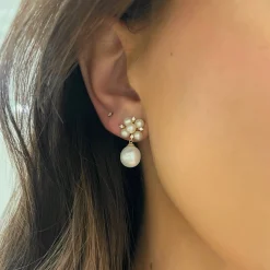 Pearl Cluster and Diamond Dangle Stud Earrings