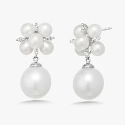 Pearl Cluster and Diamond Dangle Stud Earrings