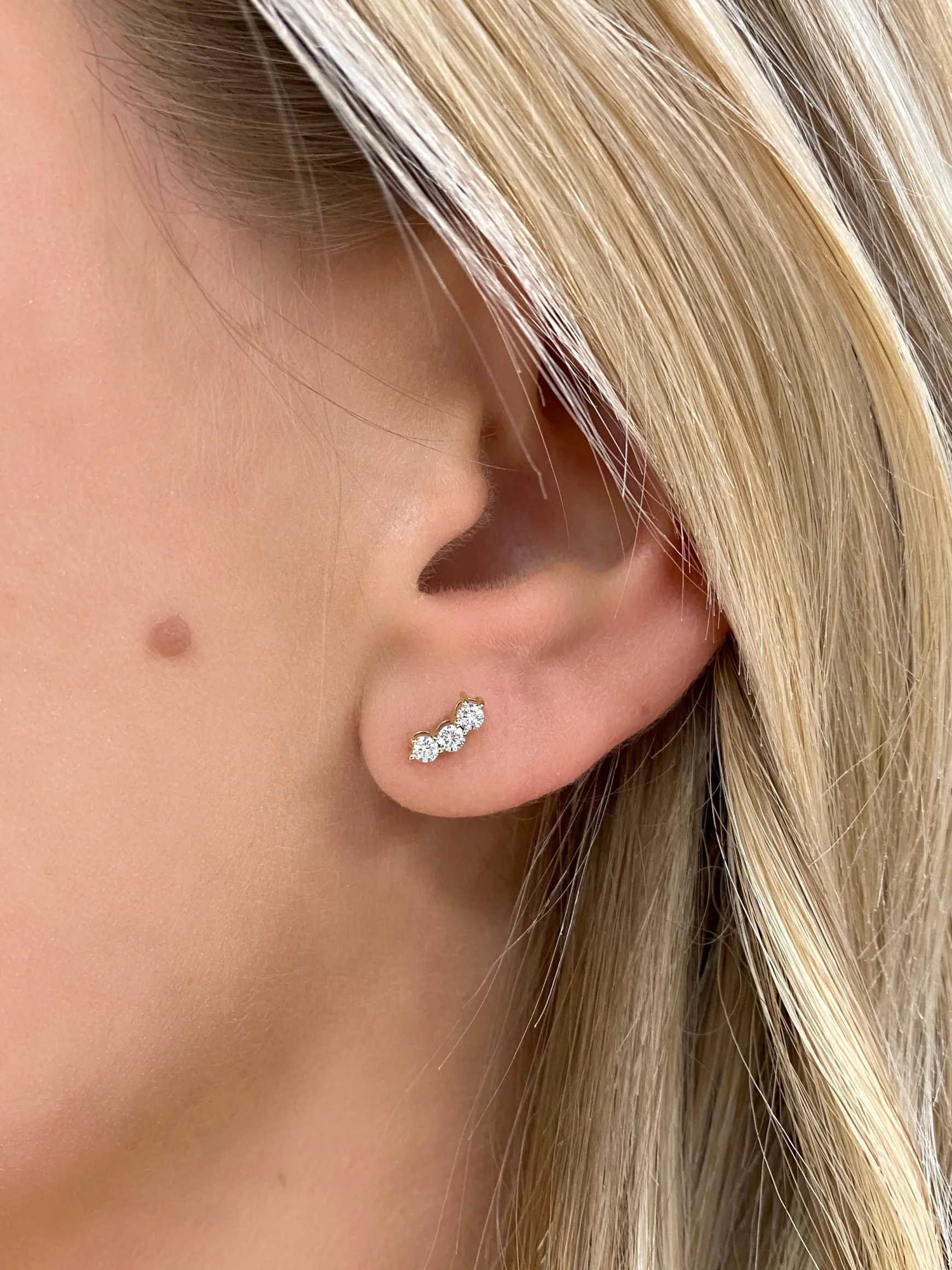Penelope Tiny Three Diamond Curved Bar Stud Earrings